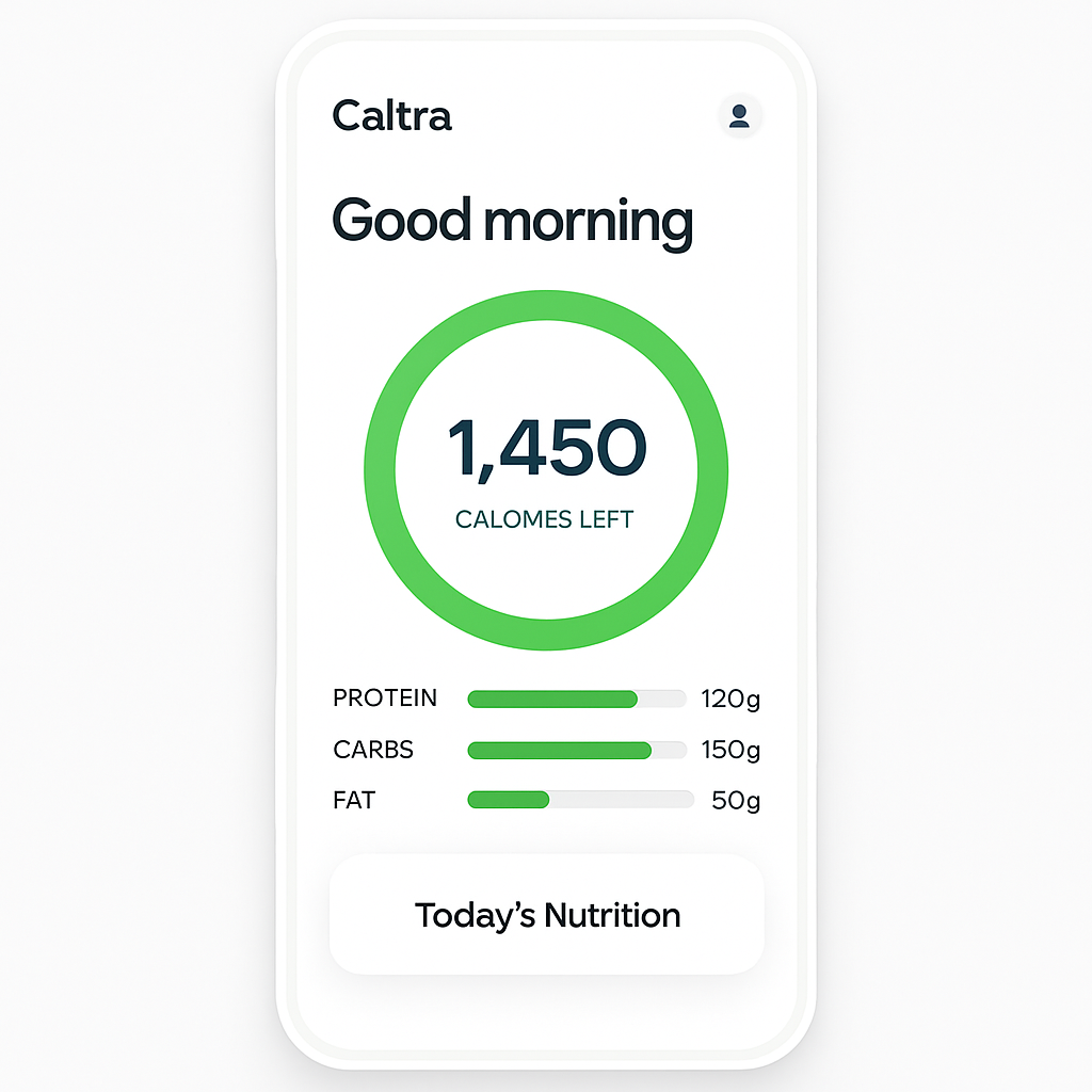 Caltra app showing a daily calorie dashboard with a progress ring and macro breakdown